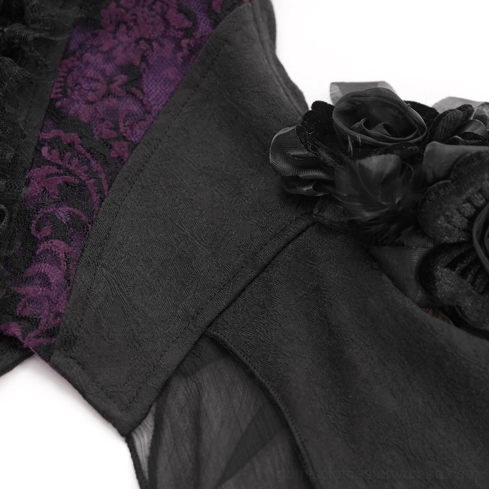 Purple and black gothic corset top texture and fabric detail showing satin and lace combination