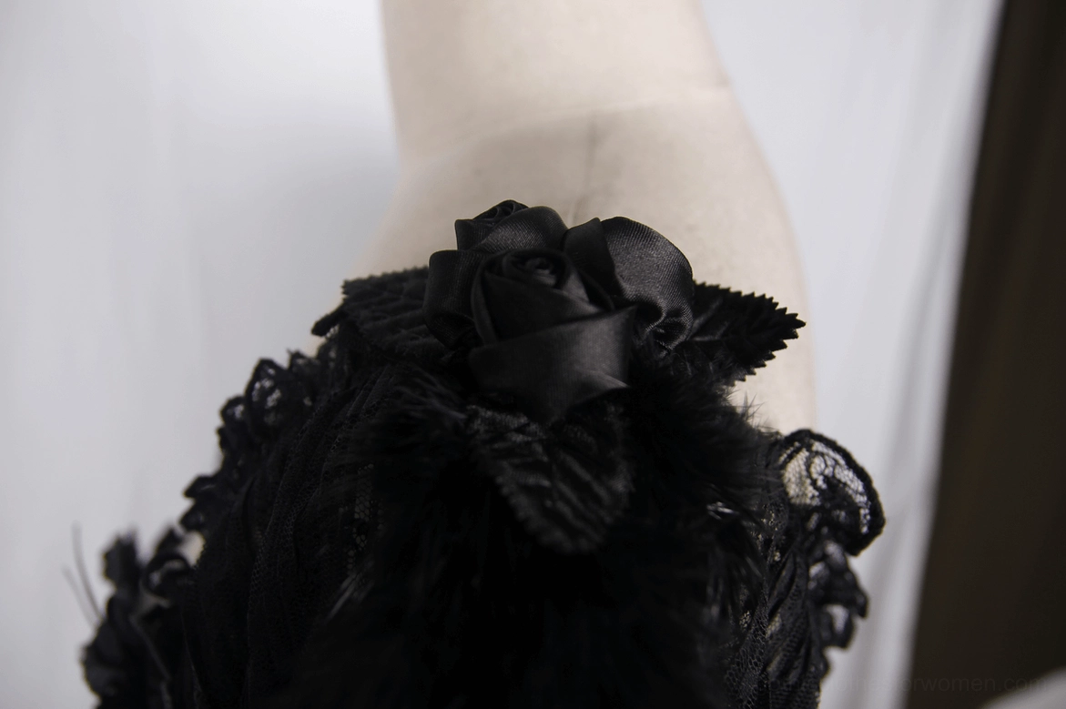 Close-up of black gothic corset feather sleeve trim, ruffled lace edge and feather accent detail