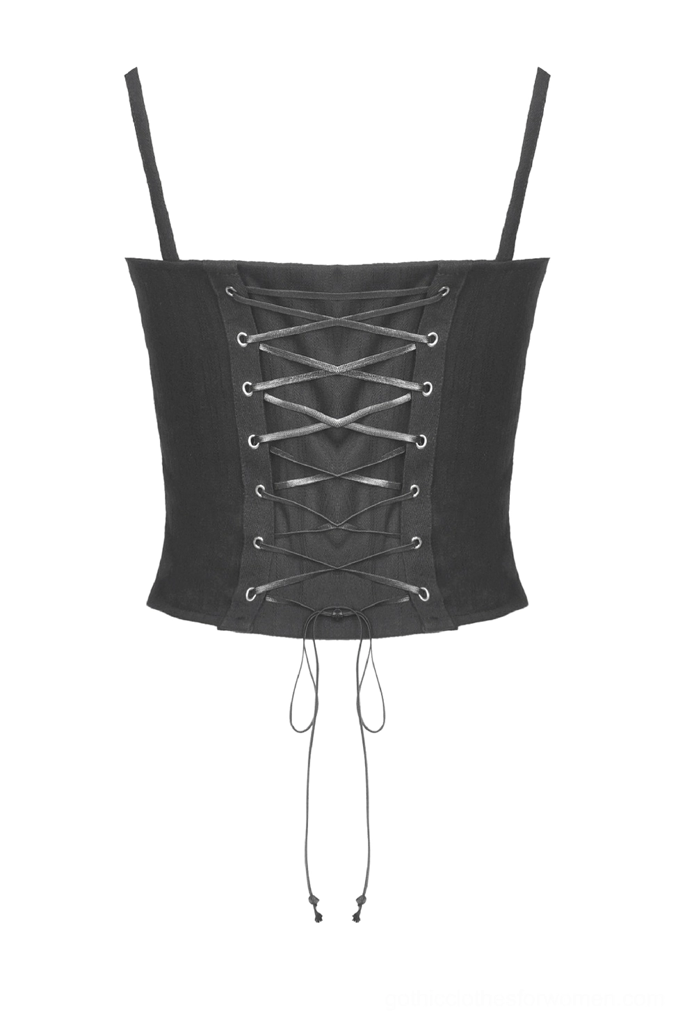 Flat lay back view of gothic corset displaying adjustable strap buckles and back lace-up drawstring