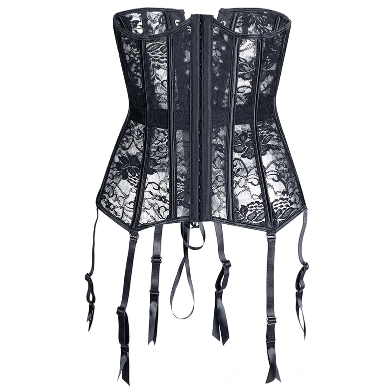 Flat lay gothic corset display with floral lace, front closures and satin garter straps
