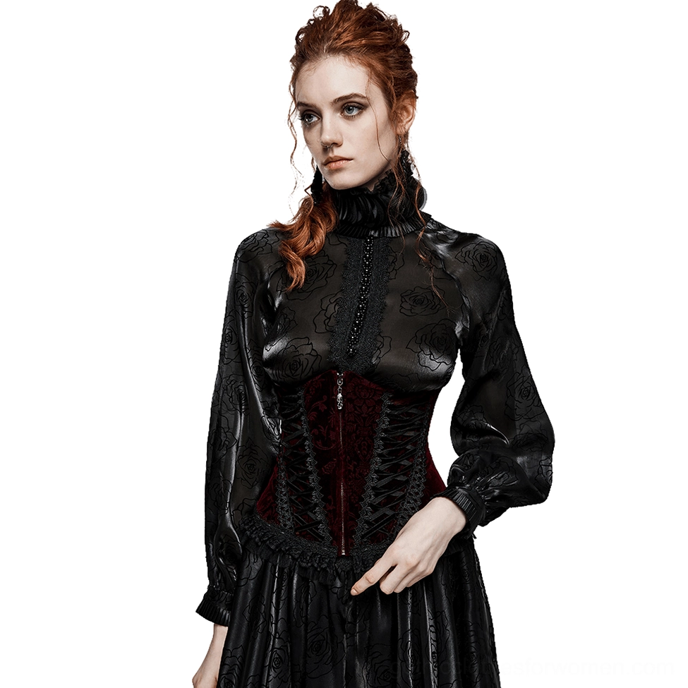 Black burgundy velvet gothic corset with lace accents front three-quarter view on model