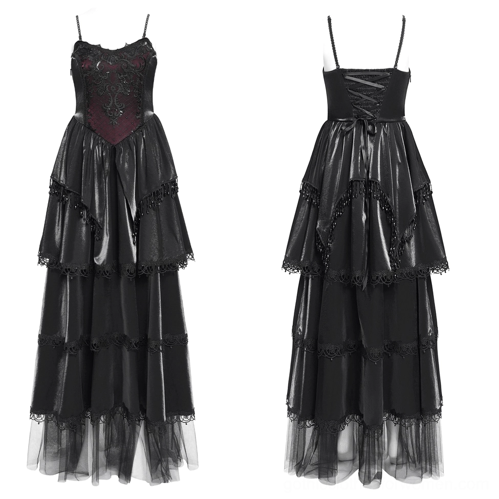 Gothic corset formal gown front and back dual view on mannequin beaded lace bodice tiered satin tulle skirt
