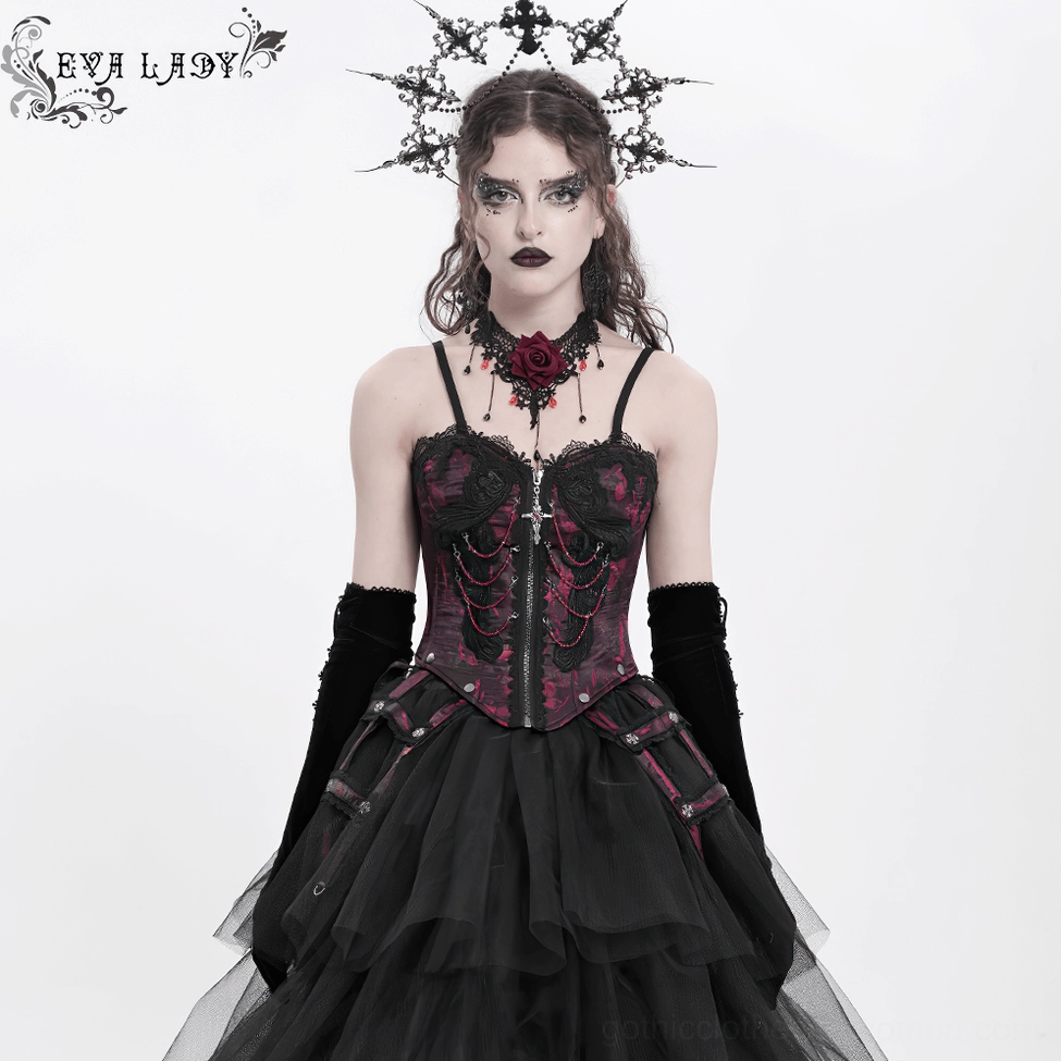 Gothic corset front bodice with intricate chain patterns and lace trim arrangement on display