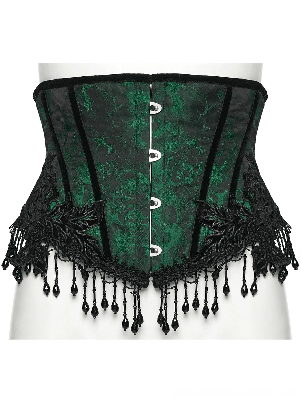 Front view flat lay of emerald jacquard gothic corset showing silver metal button closure and black rose embroidery accents