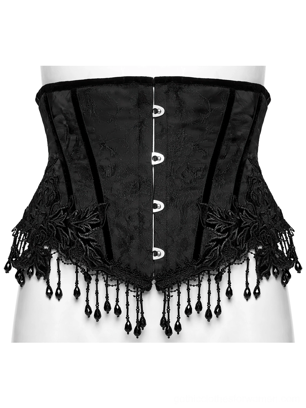 Black gothic underbust corset front close-up detail of button fasteners and floral lace trim