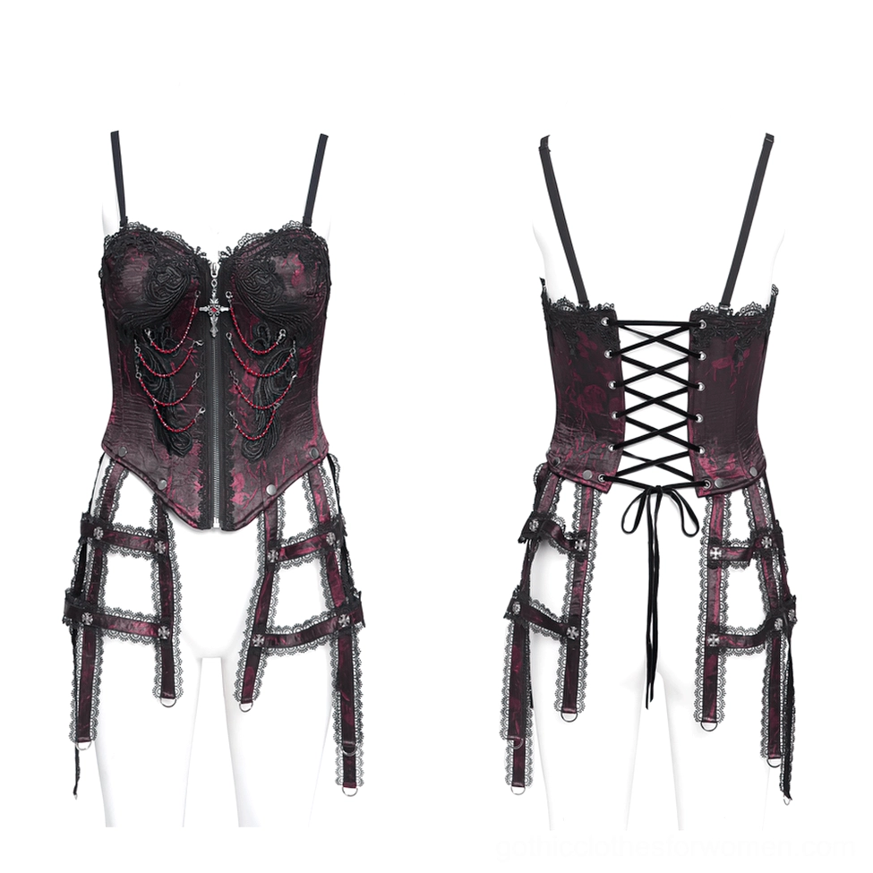 Wine red brocade corset front display with red bead chain details and embroidered lace cup trim on mannequin