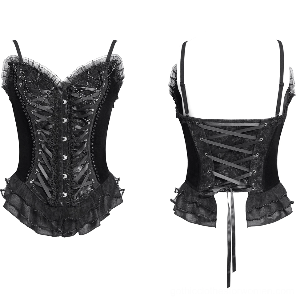 Black gothic lace-up corset display on mannequin showing full construction with satin straps and beaded accents