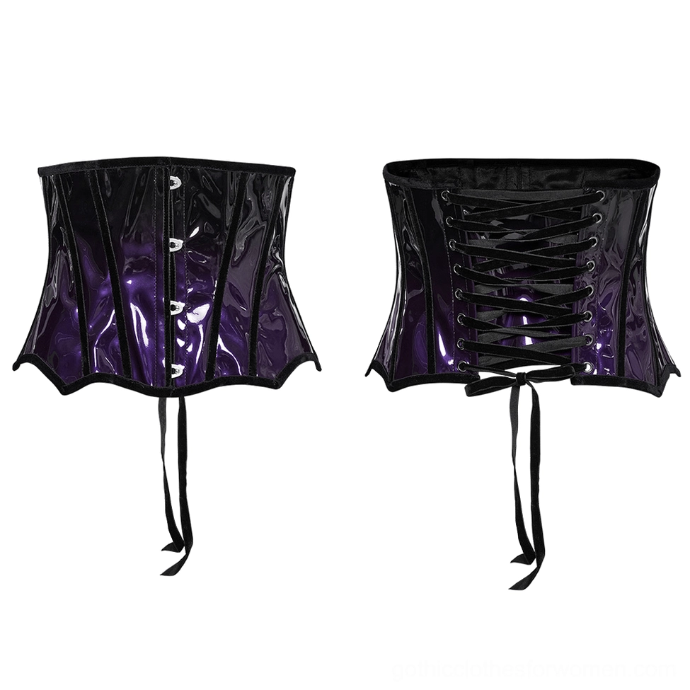 Purple-black gradient patent leather underbust corset front flat lay, displaying velvet-trimmed scalloped hem and metal hook fasteners