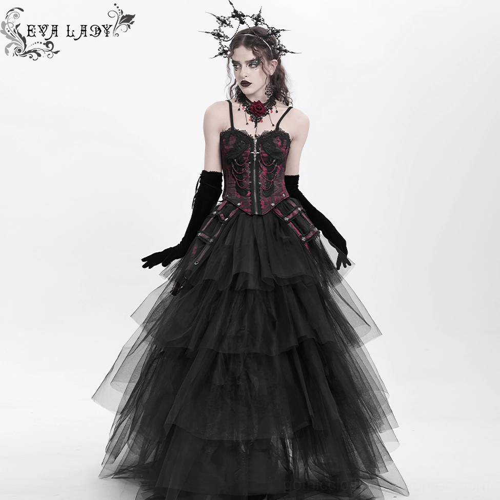 Gothic corset full front view featuring wine red brocade, decorative chains, lace cups, and cross charm pendant
