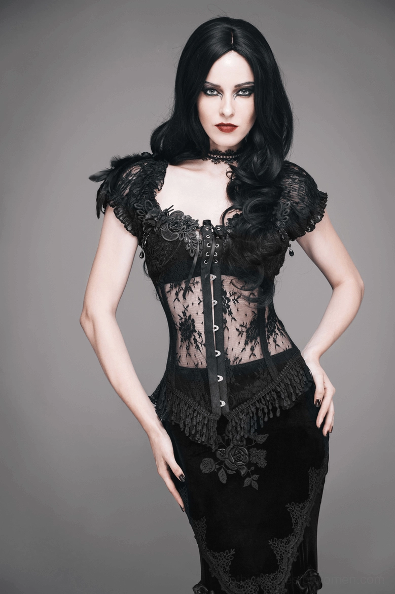 Black gothic corset full back detail, lace-up closure ribbon and ruffled lace hem embellishment
