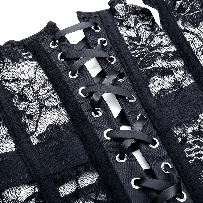 Gothic corset styling detail with garter straps and sheer lace panel construction