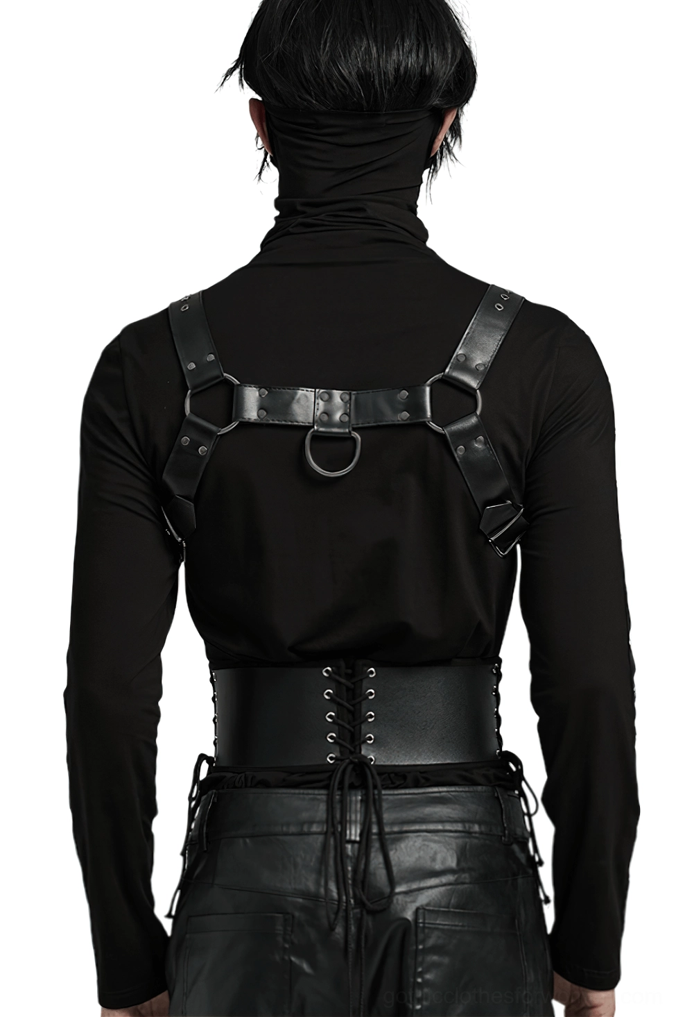Gothic corset belt worn with matching shoulder harness, back view showcasing D-ring attachments and lace-up waist design