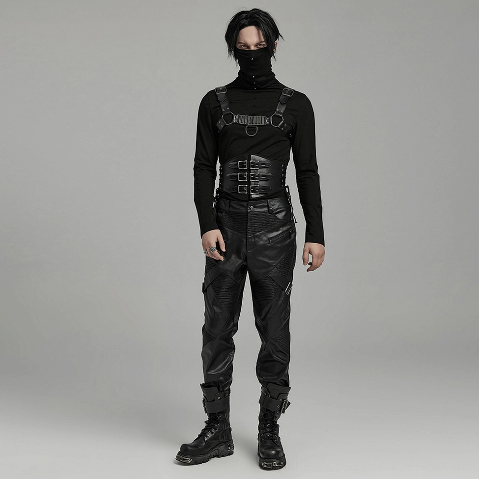 Full body front view of male model wearing complete black gothic waist harness set with matching corset belt and shoulder harness