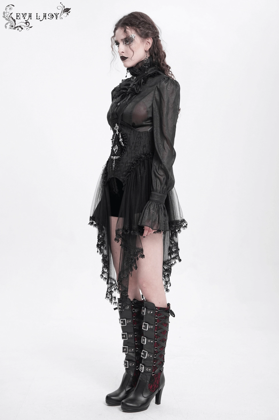 Gothic corset detail showing fine lace construction, metal ornaments, and sophisticated dark romantic design elements