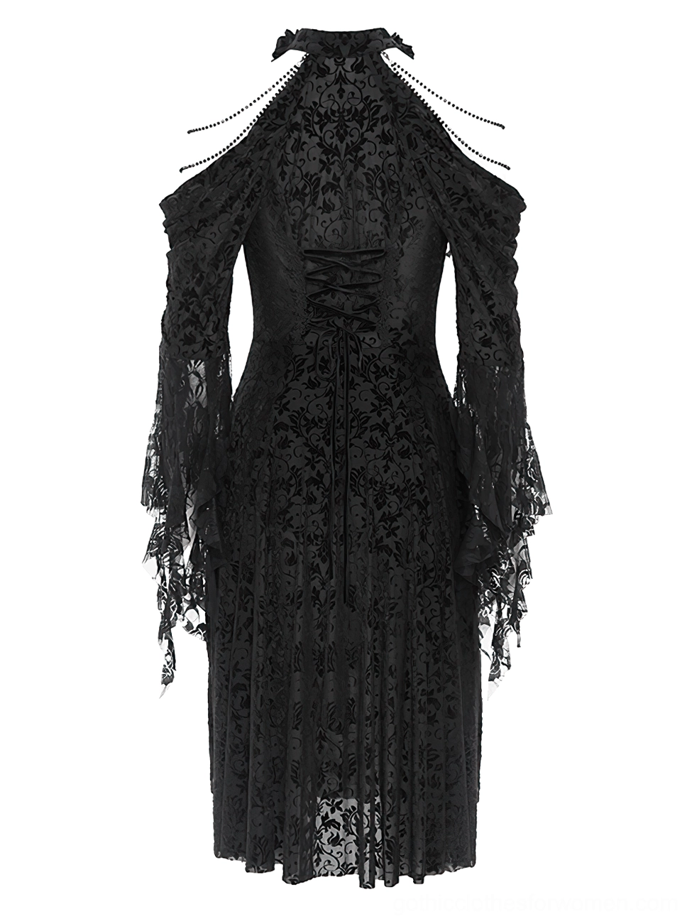 Black gothic corset-style lace dress with lace-up back and full lace sleeves, rear view display