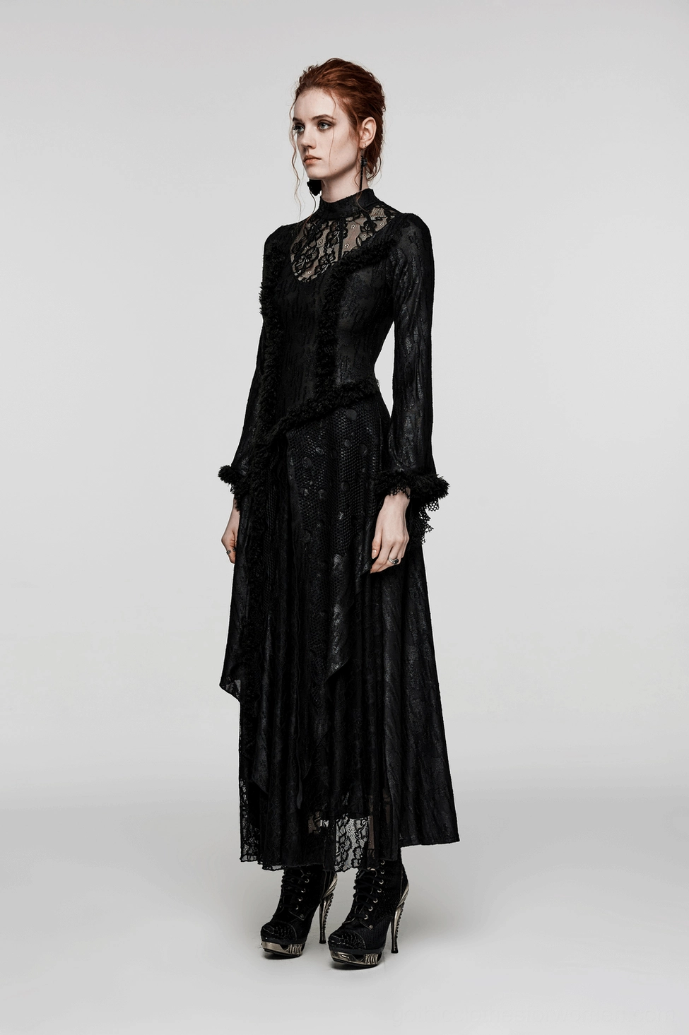 Front full-body view of gothic lace corset dress on model - complete styling presentation of Victorian elegant silhouette