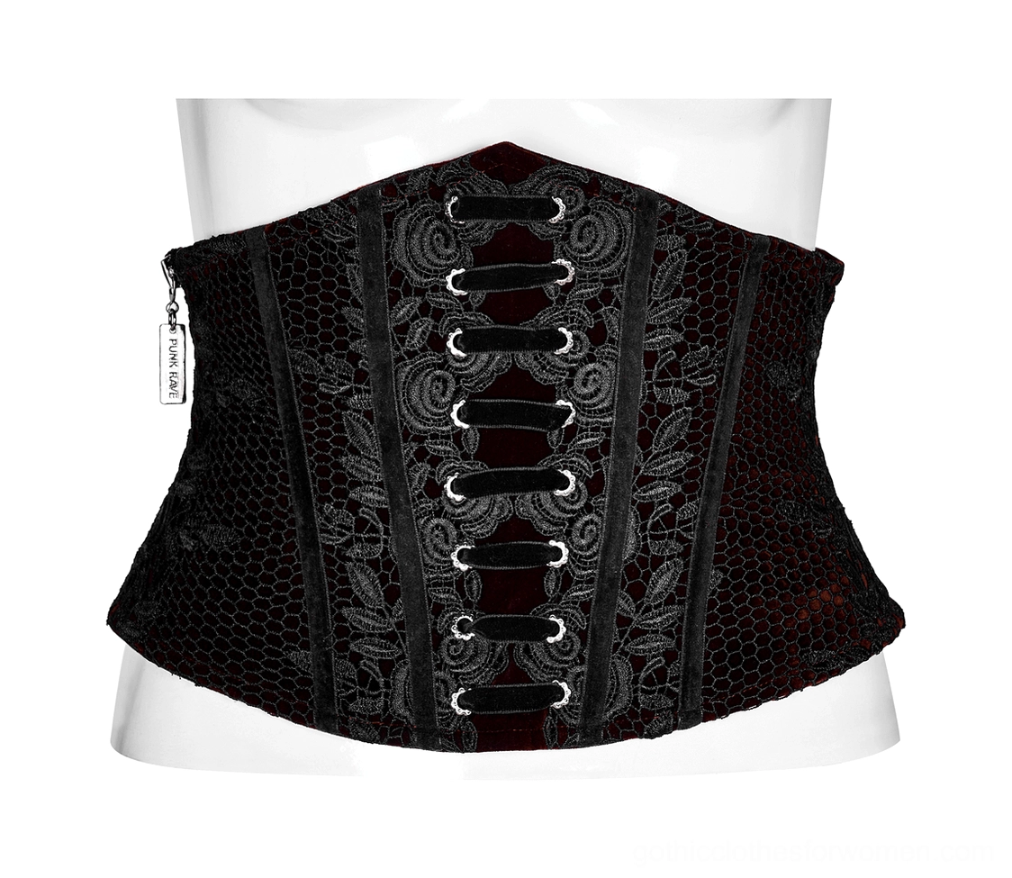 Black floral lace embroidery detail on wine red velvet gothic corset belt
