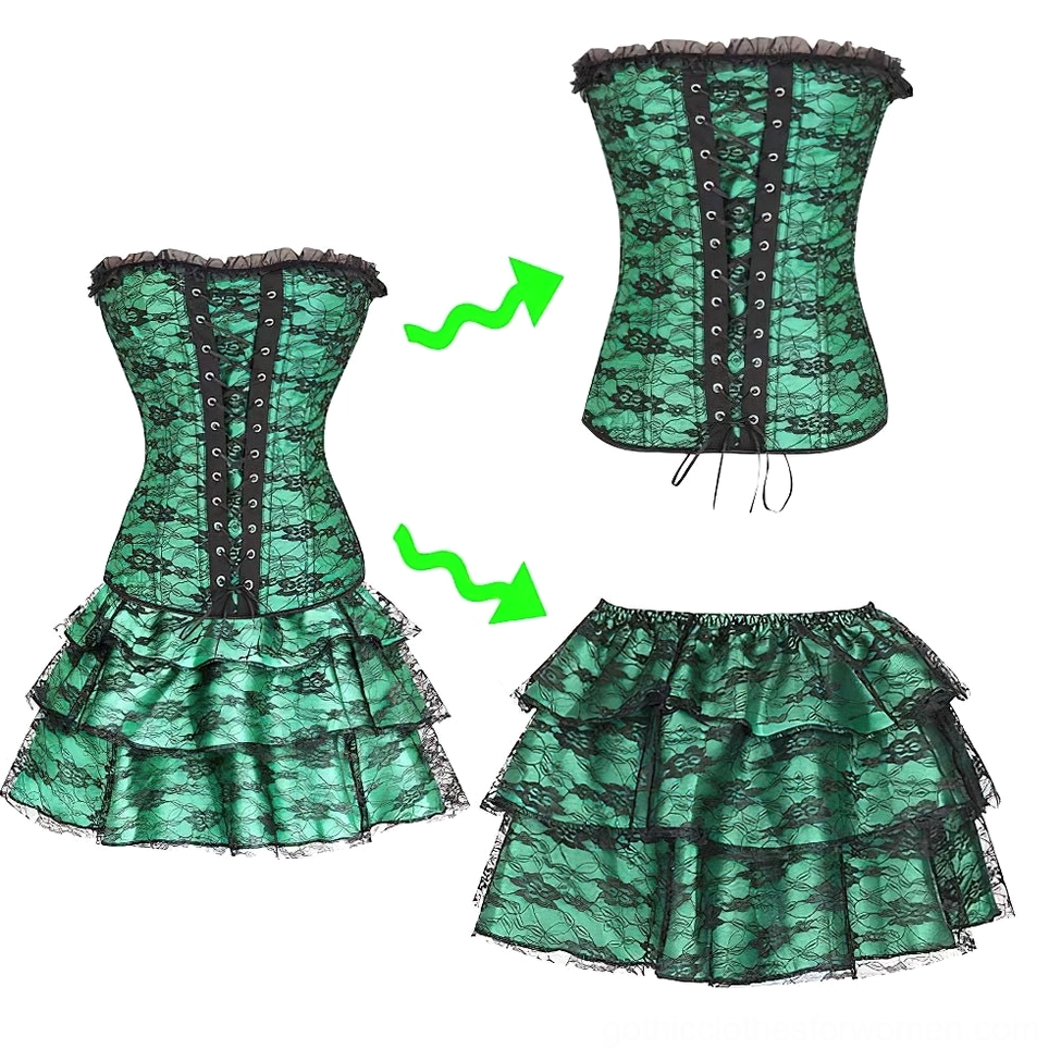 Black floral lace texture detail on emerald satin, showing intricate lace pattern and ruffled edge construction of corset fabric