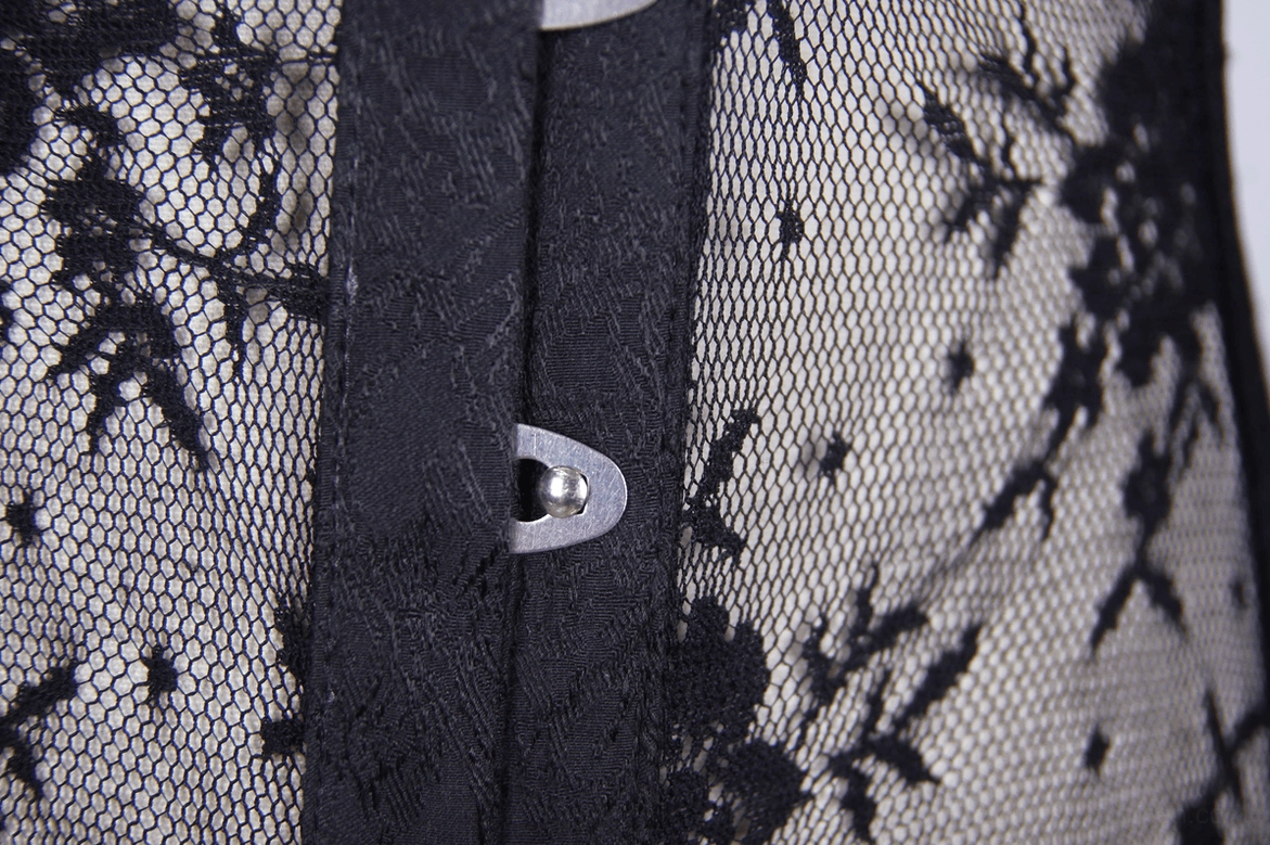 Black gothic corset lace overlay detail, floral pattern and transparent polyamide sheer construction