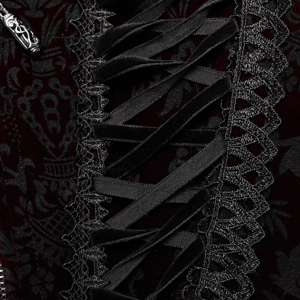 Delicate black woven lace ribbon trim detail on velvet gothic corset