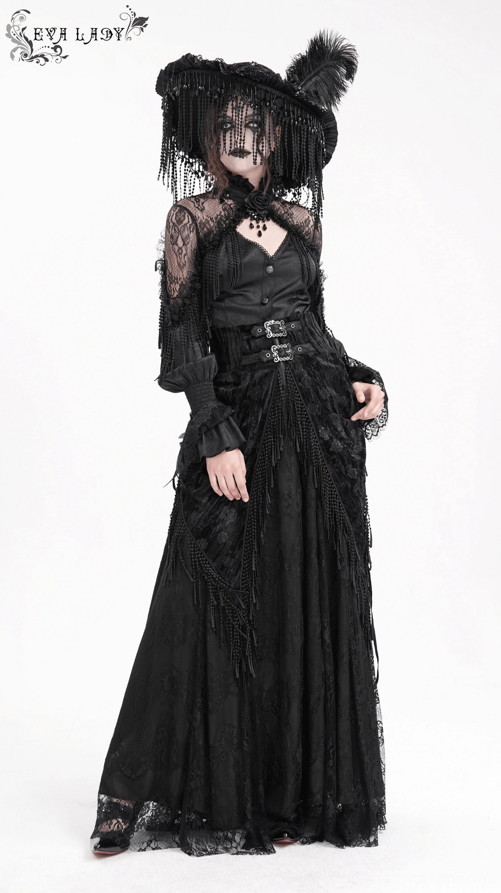 Black lace gothic corset skirt showing contrast between fitted waist and flowing draped hem design