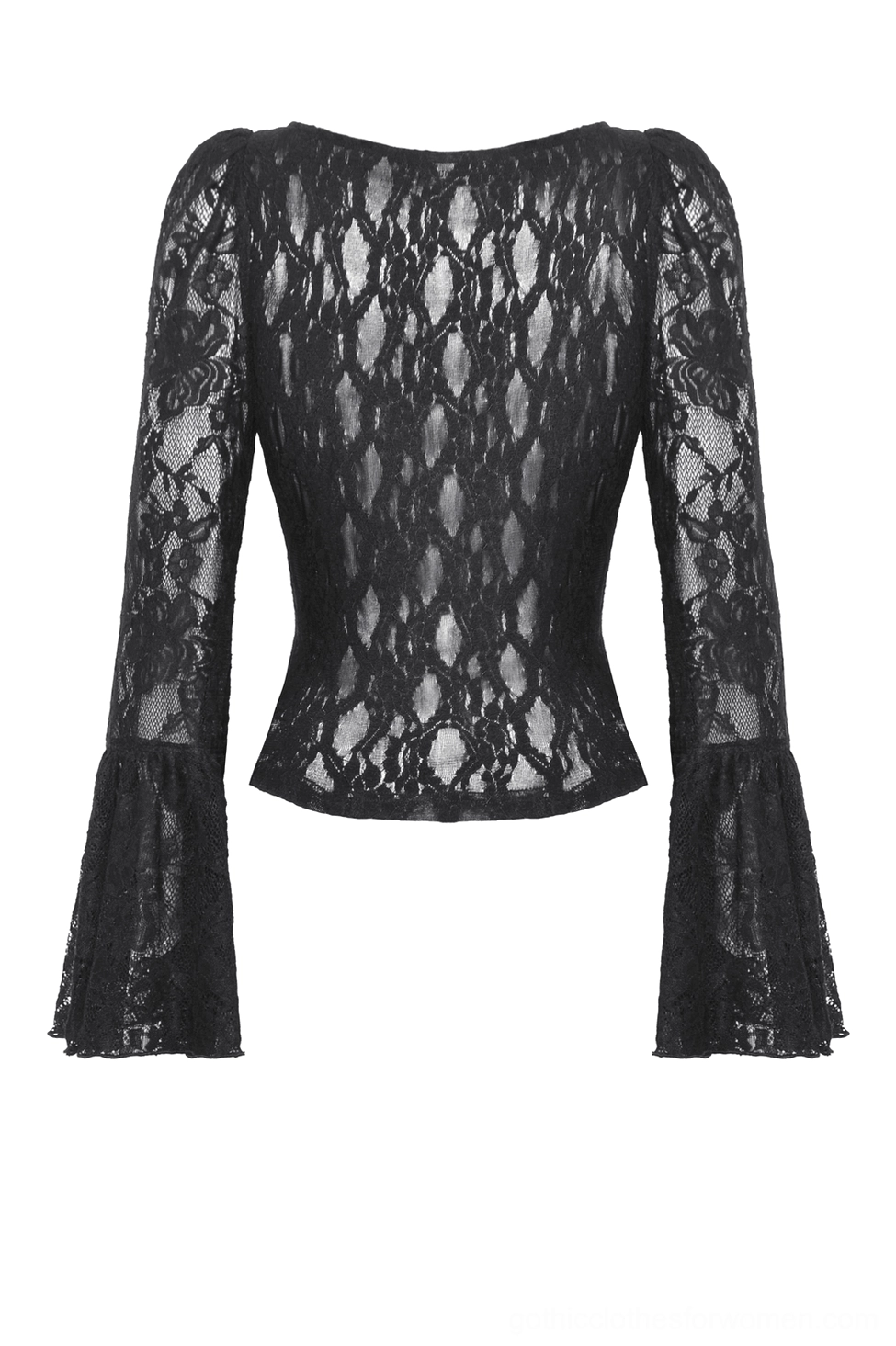 Back flat lay view of gothic corset lace top displaying fitted silhouette and sheer lace bell sleeves