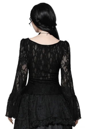 Gothic corset lace top back view showcasing sheer lace back panel and dramatic bell sleeves