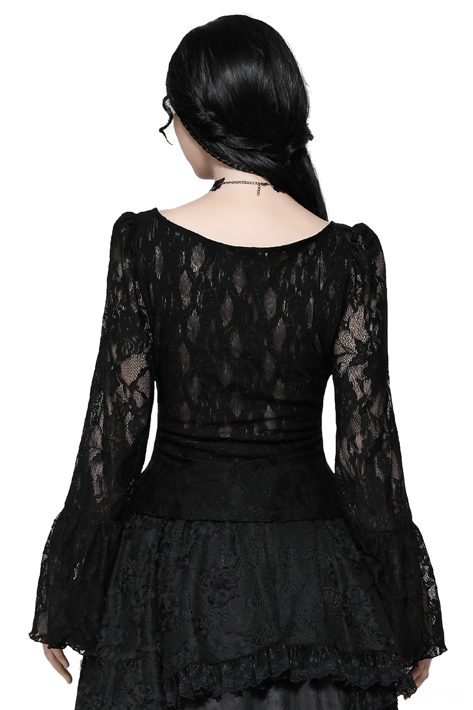 Gothic corset lace top back view showcasing sheer lace back panel and dramatic bell sleeves