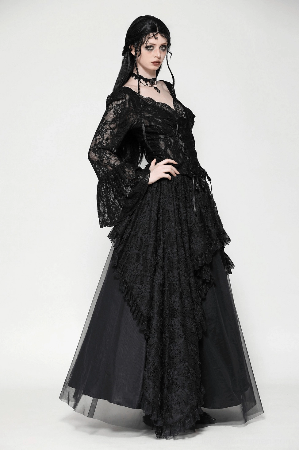 Gothic corset lace top front half-body view highlighting dramatic bell sleeves and lace-up front