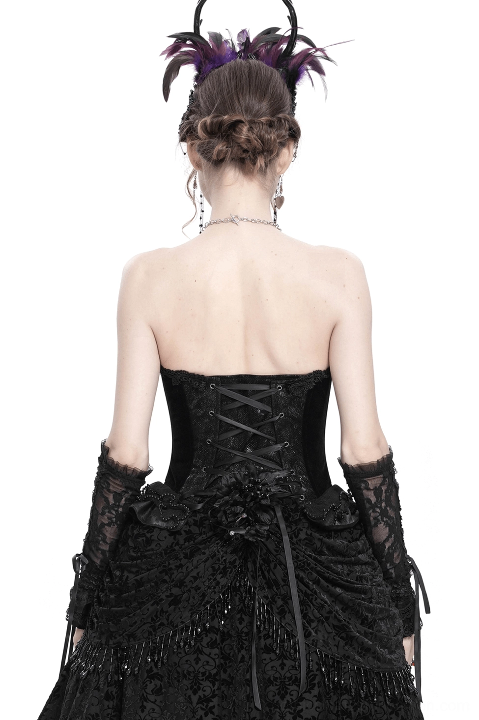 Gothic corset back view showing adjustable lace-up closure and elegant lace-up detail with ruffled hem trim