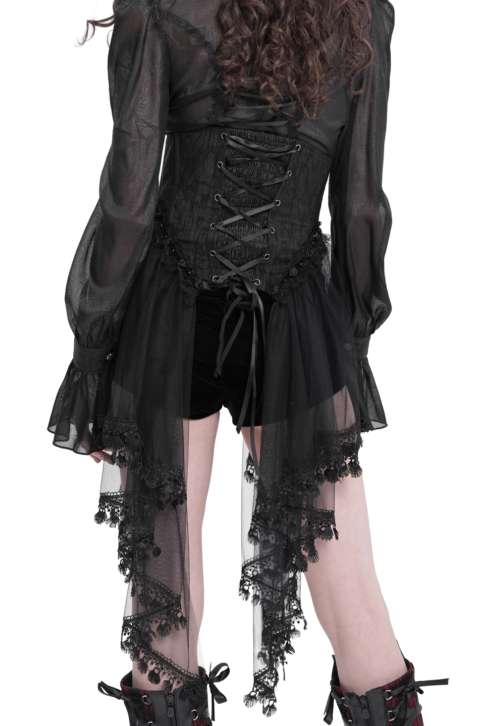 Gothic corset back view showing adjustable lace-up construction with tulle lace trim and dark romantic aesthetic