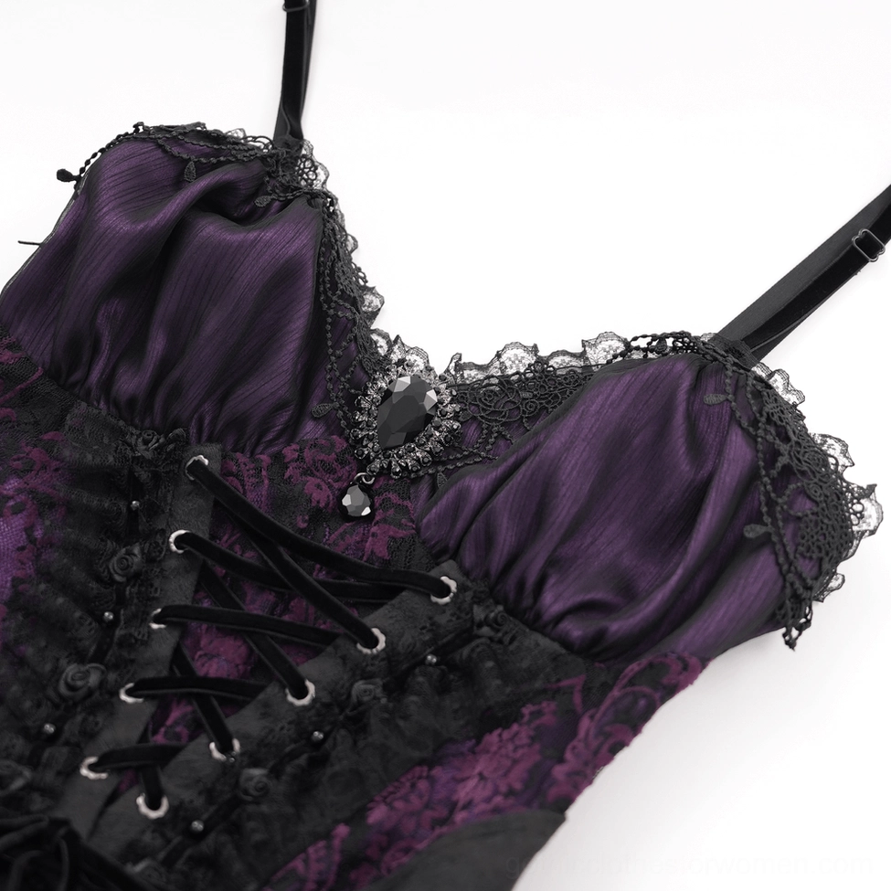 Close-up detail of gothic corset front lace-up panel with velvet straps and purple satin fabric