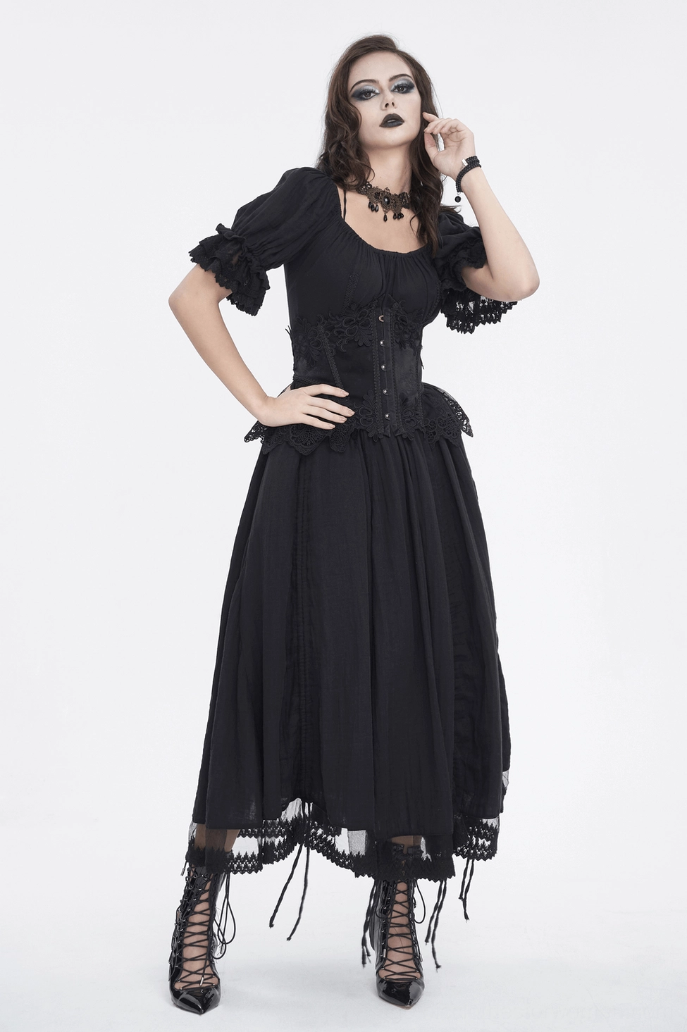 Gothic corset lace-up midi dress alternative fashion model pose
