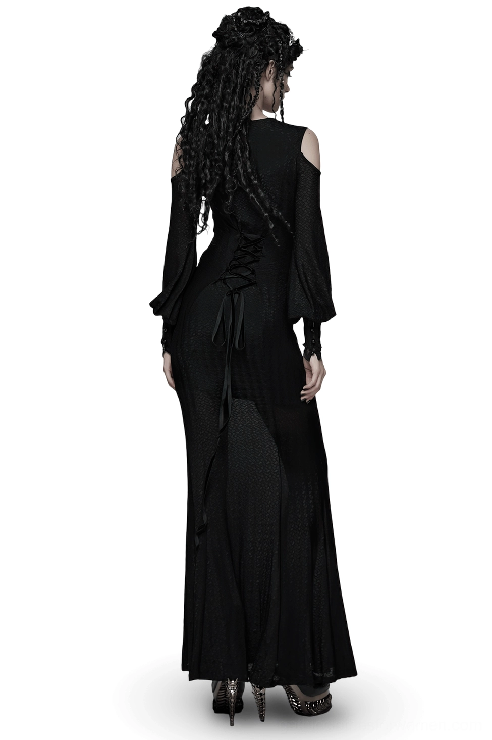 Black gothic cold shoulder lace corset maxi dress - back view showing lace-up corset detail