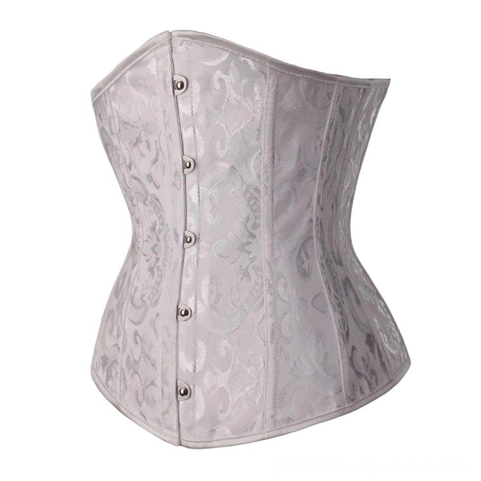 Gothic lace-up corset side view showing construction details and damask jacquard texture