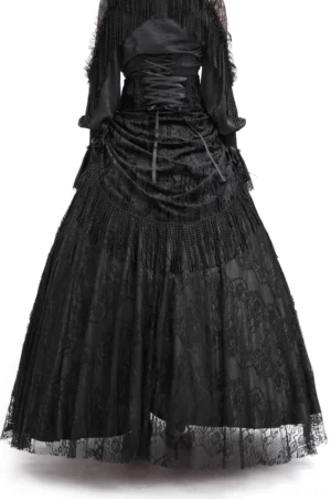 Black gothic corset lace-up long skirt with velvet floral fabric and draped front panel, front view