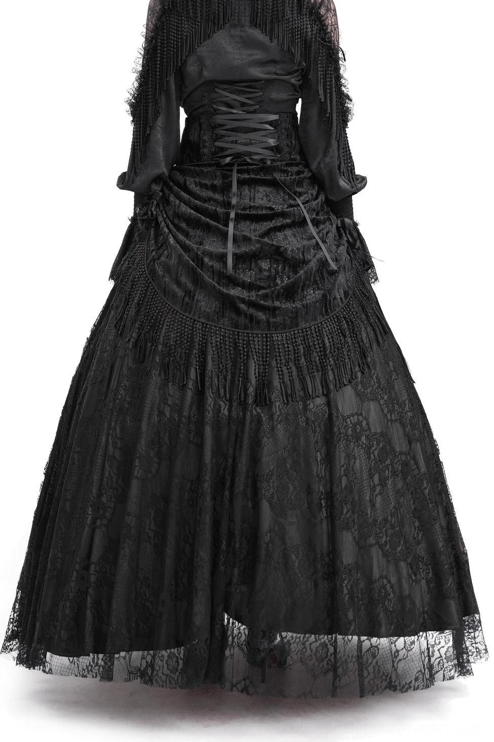 Black gothic corset lace-up long skirt with velvet floral fabric and draped front panel, front view