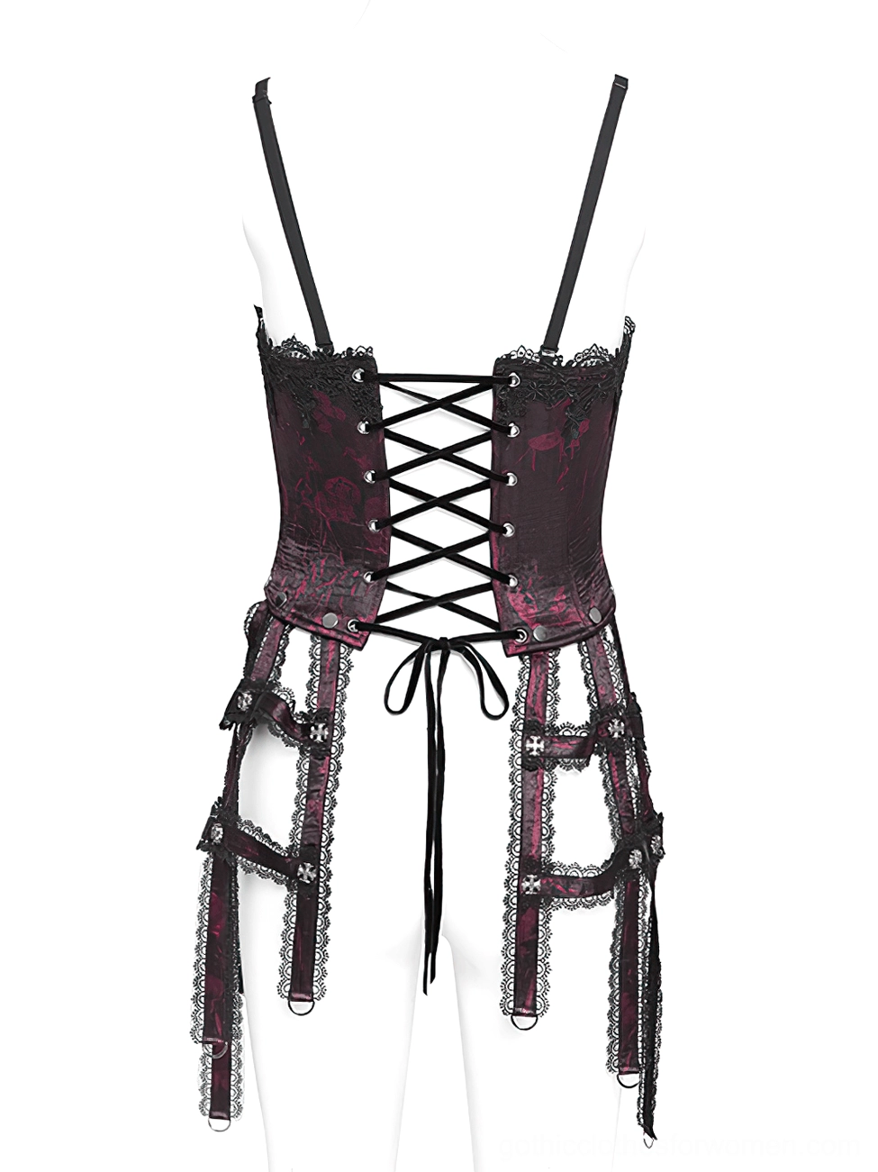 Gothic corset back view showing crisscross lace-up tie closure and lace-trimmed adjustable garter straps on mannequin