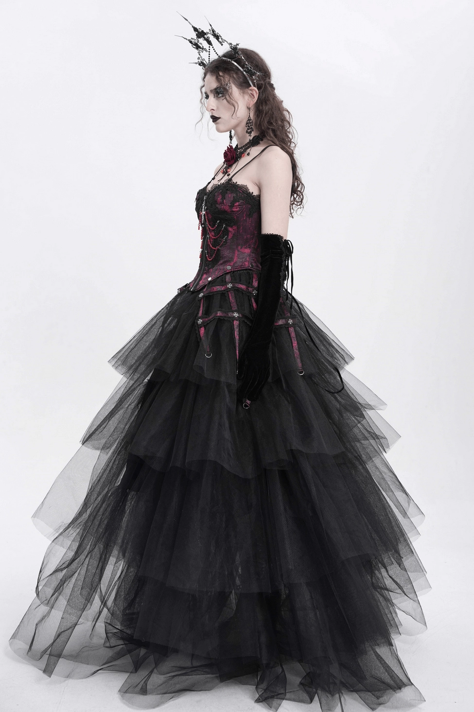 Gothic corset display showing layered chain effects and how multiple strands create visual depth
