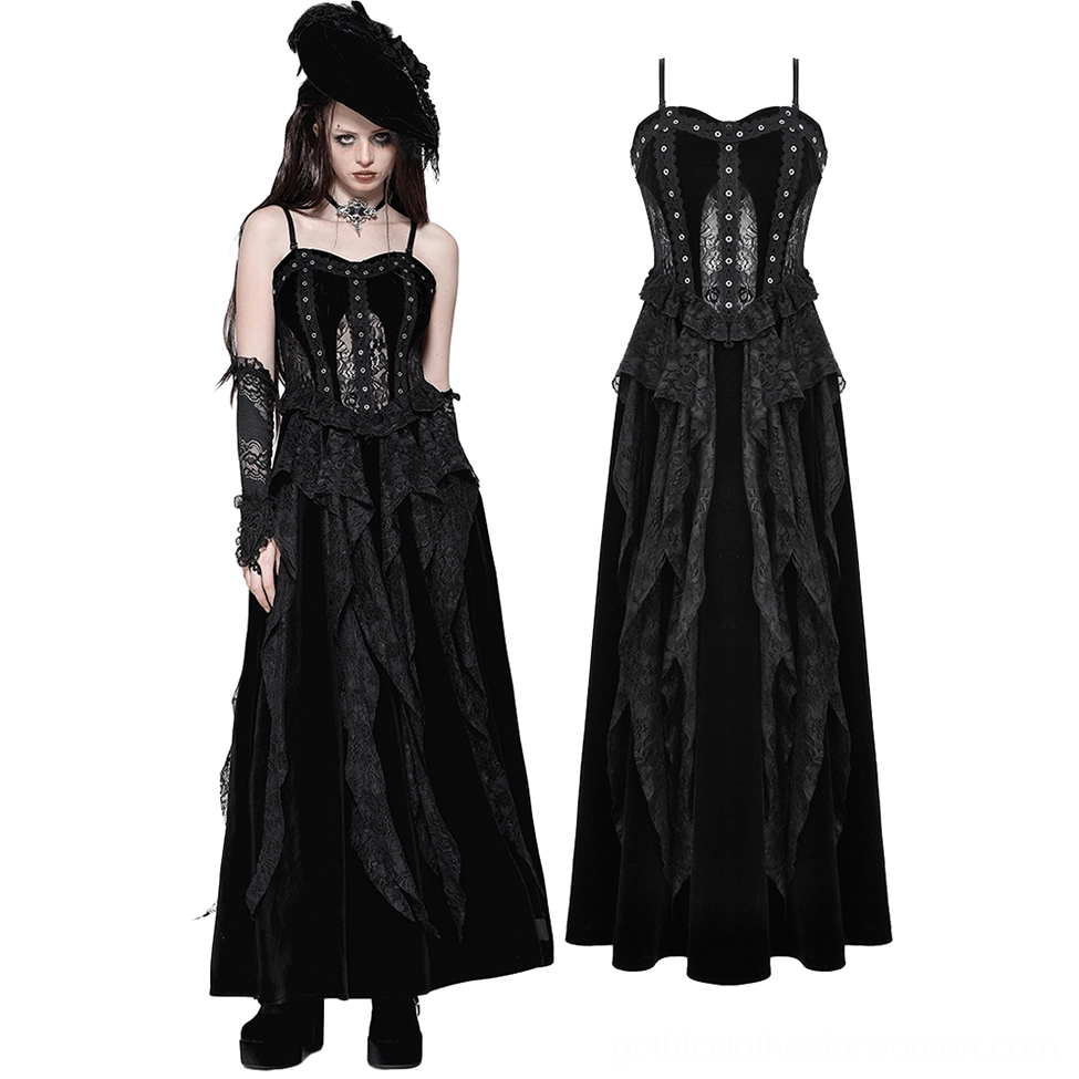 Black gothic corset maxi dress front view with intricate lace panels and velvet skirt