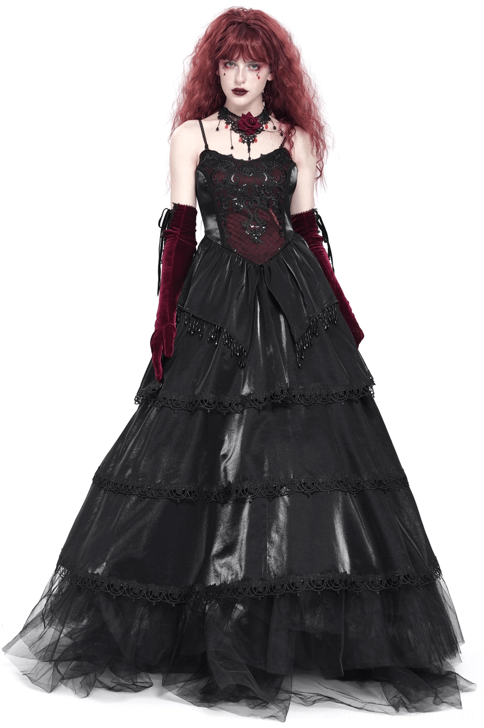 Black gothic corset maxi dress front view on model with layered tulle skirt and beaded lace bodice, wine red satin base