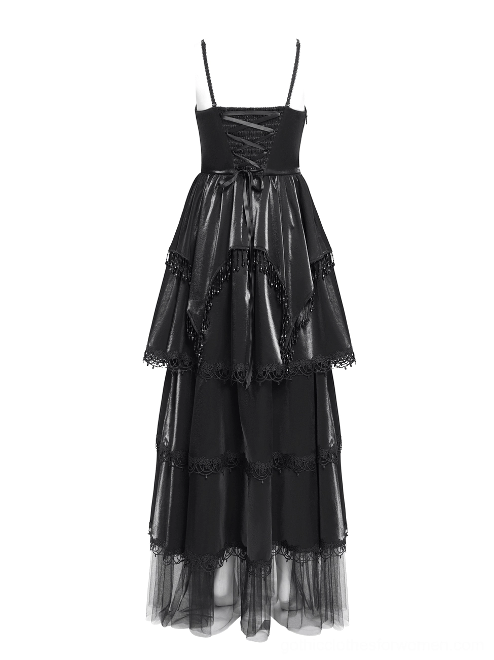 Gothic corset maxi dress front full view on mannequin lace-up back spaghetti straps tiered skirt