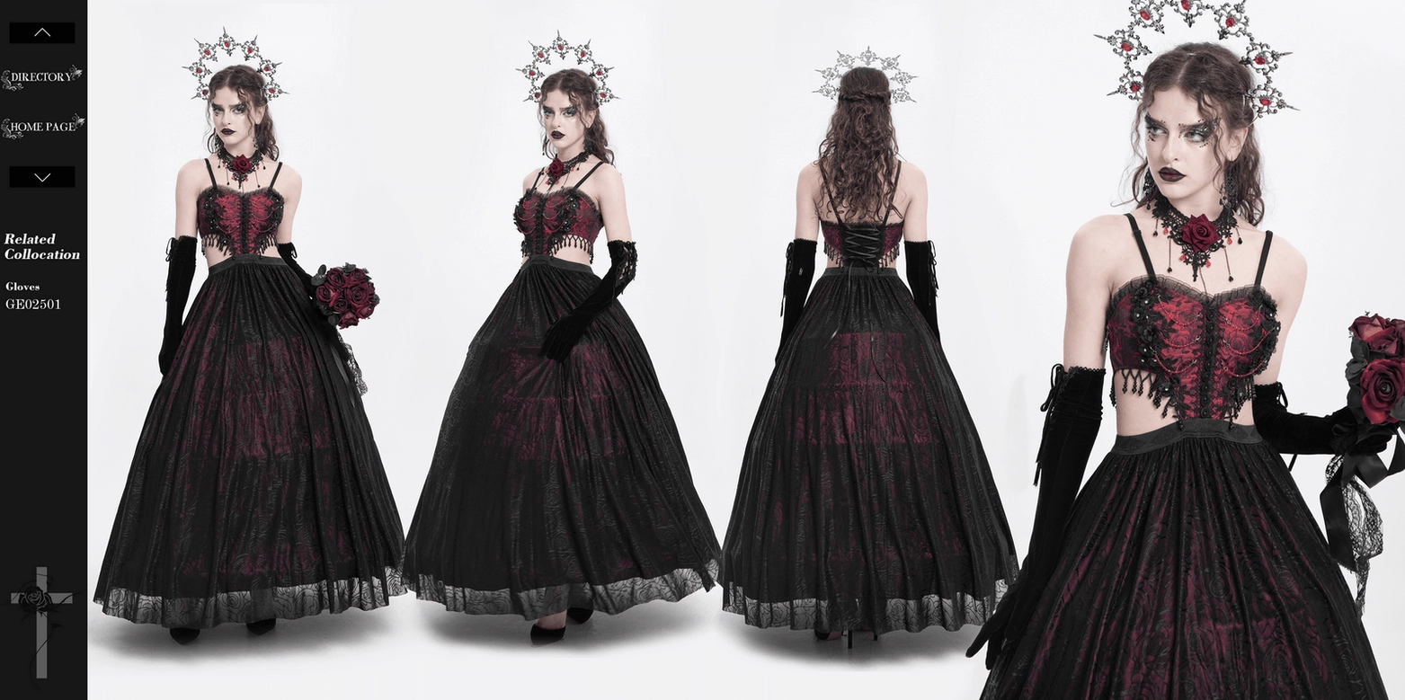 Gothic corset maxi dress complete product display with lace-up back and flowing romantic silhouette