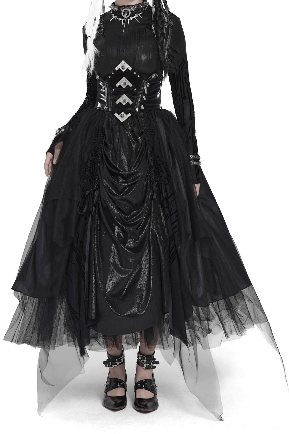Black corset waist mesh maxi skirt front three-quarter view on model showing asymmetrical tulle hem and ruched drape detail