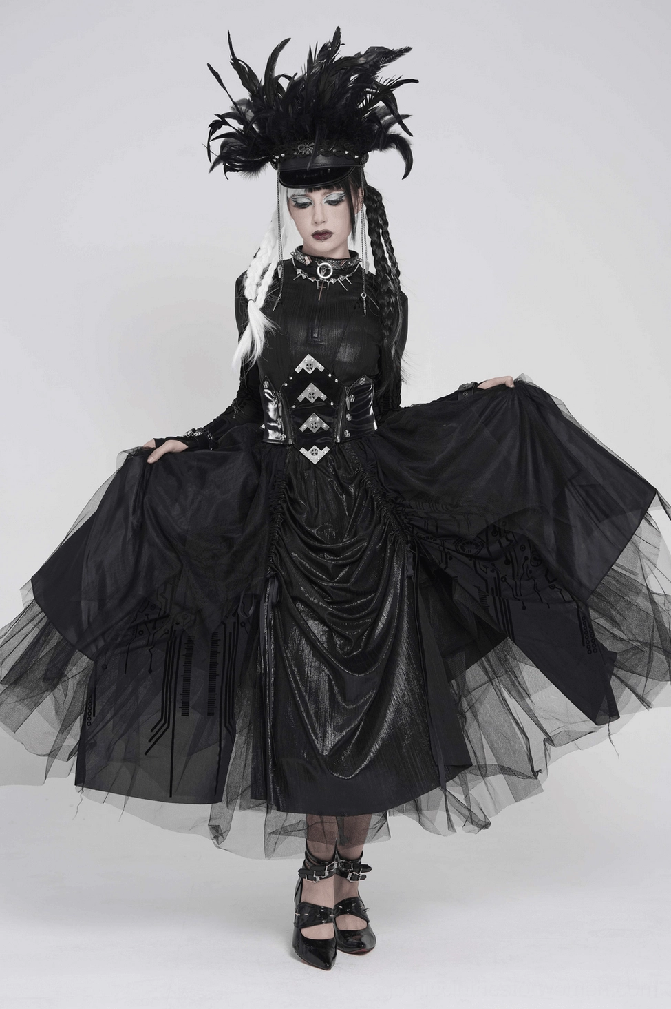 Black gothic corset maxi skirt front view model posing showing corset waist and asymmetrical hem
