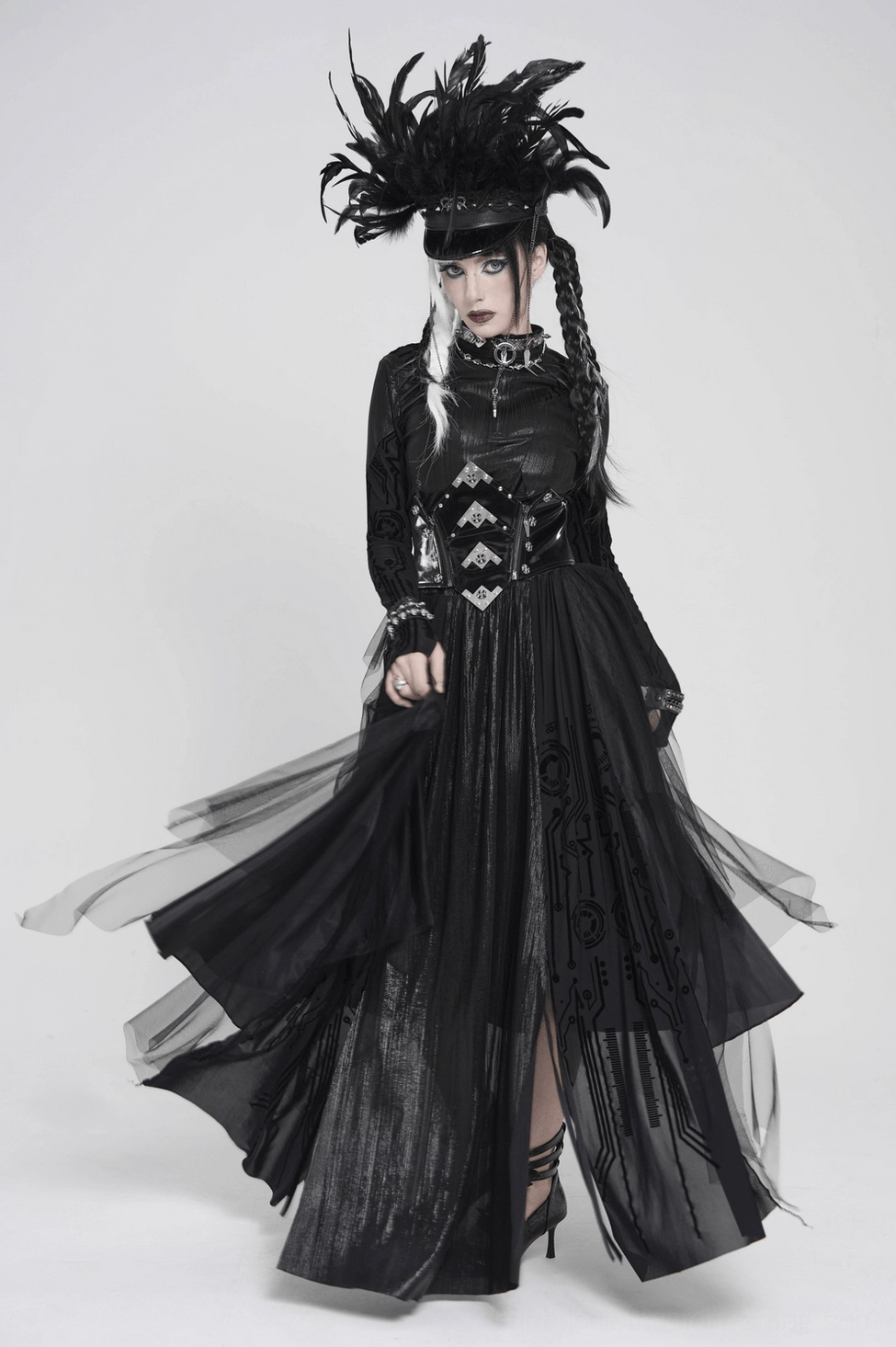 Black corset gothic maxi skirt showing overall design and proportions on model full figure