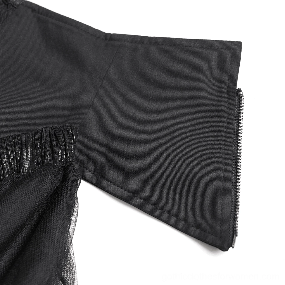 Black gothic corset mesh maxi skirt side profile showing silhouette and asymmetrical hem line