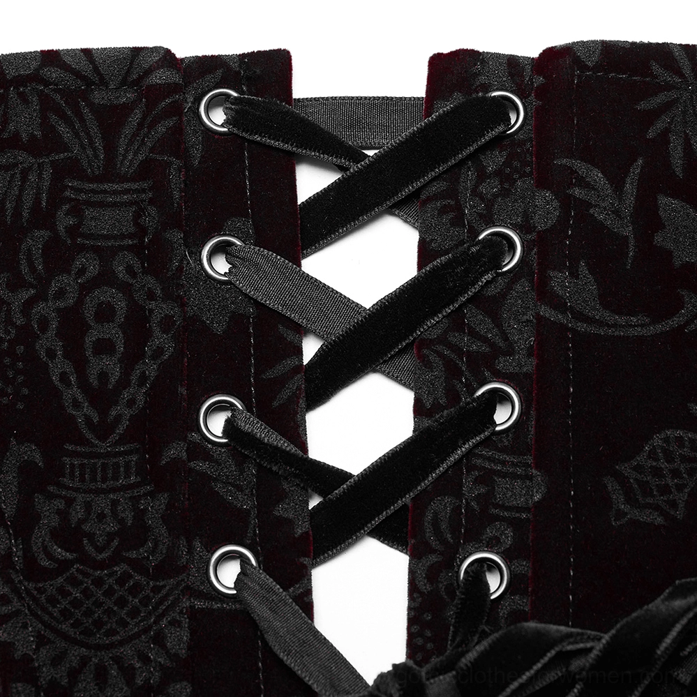 Metal eyelets and black lace-up straps on burgundy floral velvet gothic corset