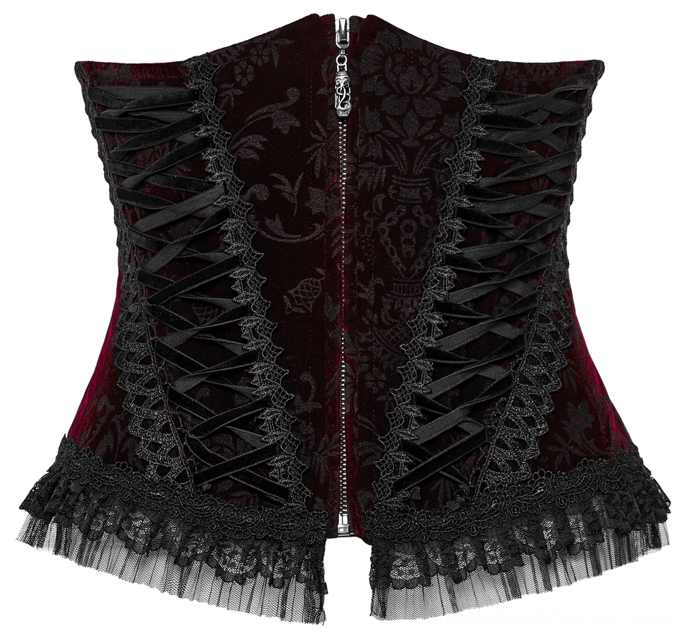 Front metal zipper closure on black burgundy velvet gothic corset
