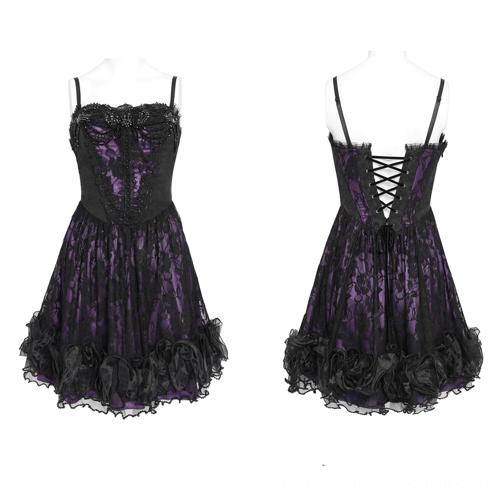 Purple gothic lace corset mini dress displayed on mannequin showing spaghetti straps and black lace overlay